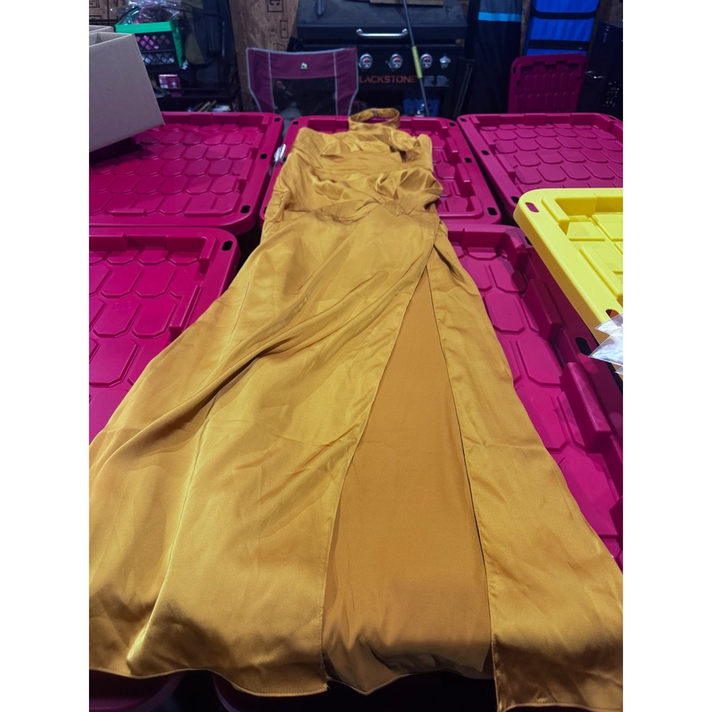 Azazie Jemma Butterscotch Yellow Satin Halter Maxi Bridesmaid Dress Size A10